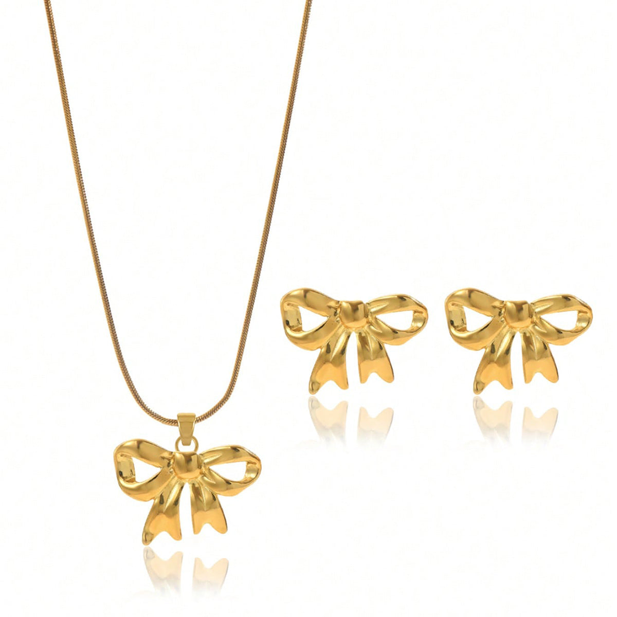 Lxalry 18K Gold Plated Bow Mirror Jewelry Set, Hypoallergenic Skin-Safe Necklace & Earrings for Weddings/Gifting, Never-Fade Adjustable Luxury with Precision-Cast Ribbon