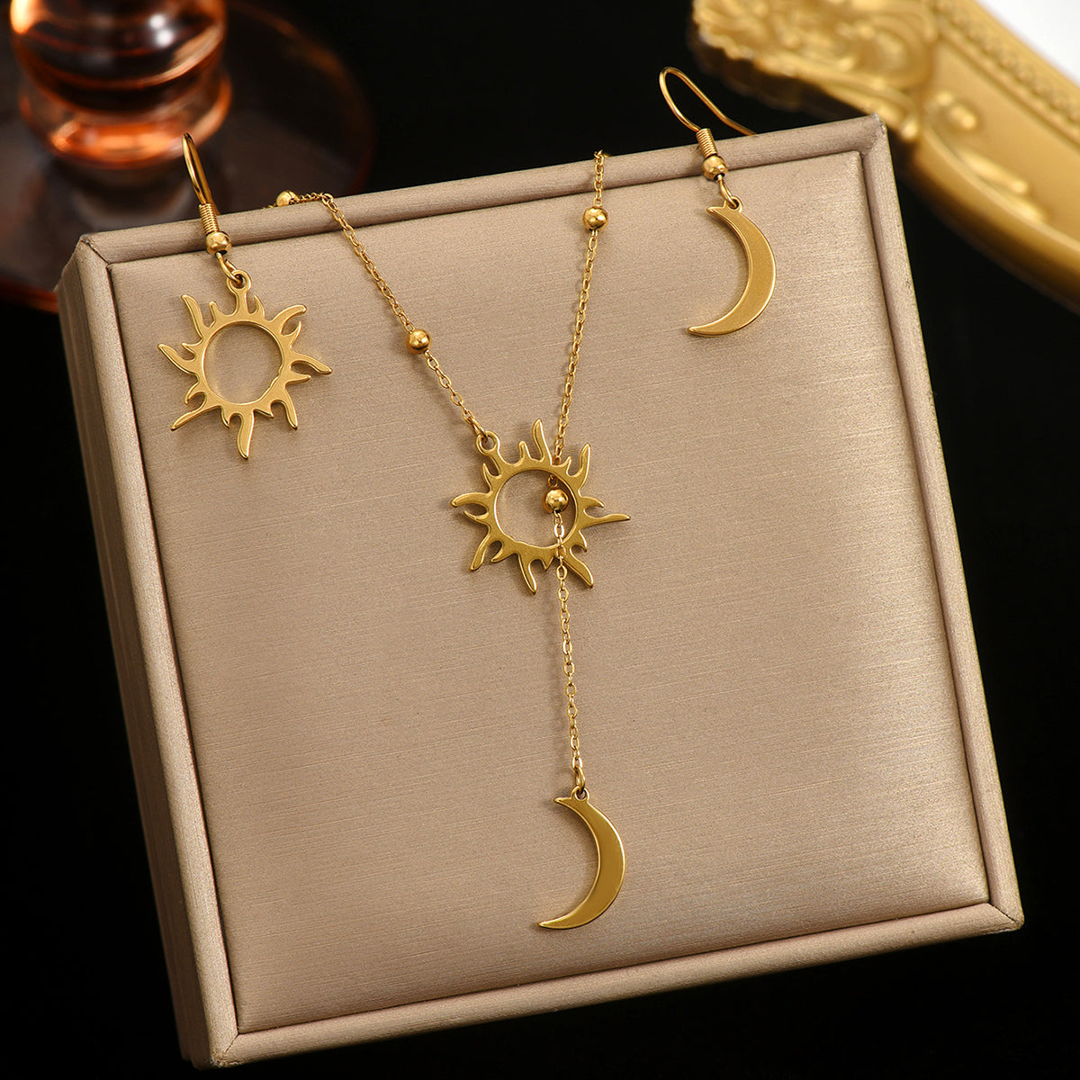 Lxalry 18K Gold Plated Sun & Moon Jewelry Set, Mirror Polish Hypoallergenic Necklace & Earrings for Daily/Evening, Never-Fade Luxury Gift with Celestial Symmetry