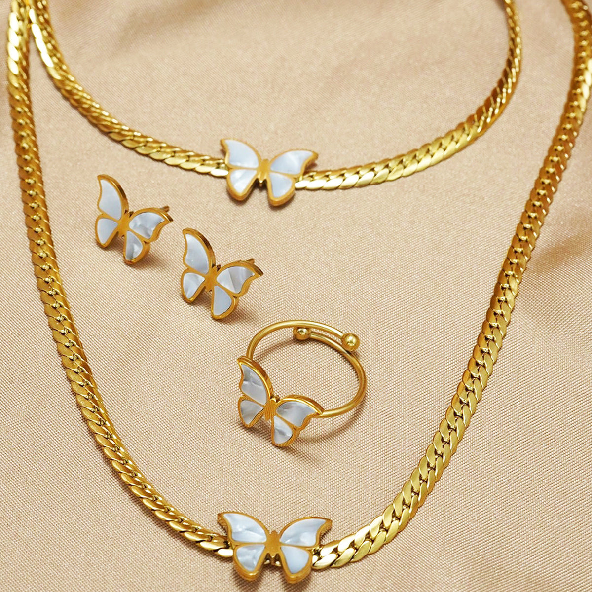 Lxalry 18K Gold Plated Butterfly Jewelry Set with Mirror Polish, Hypoallergenic Skin-Safe 4PCS Necklace Earrings Bracelet Ring for Women, Never-Fade Luxury Gift for Her