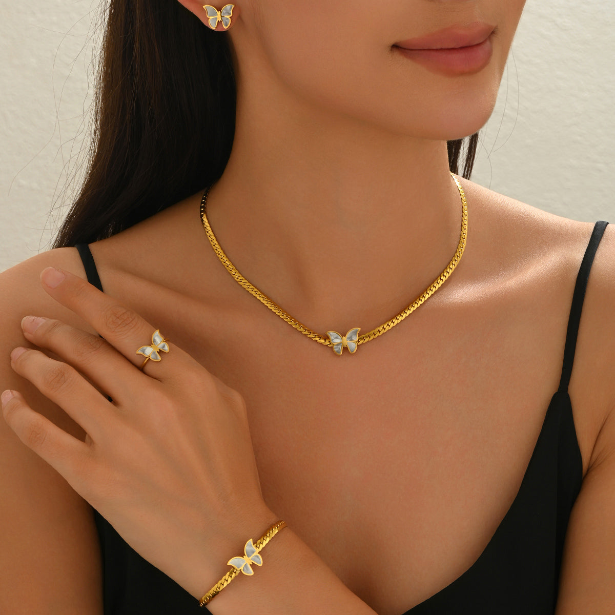 Lxalry 18K Gold Plated Butterfly Jewelry Set with Mirror Polish, Hypoallergenic Skin-Safe 4PCS Necklace Earrings Bracelet Ring for Women, Never-Fade Luxury Gift for Her