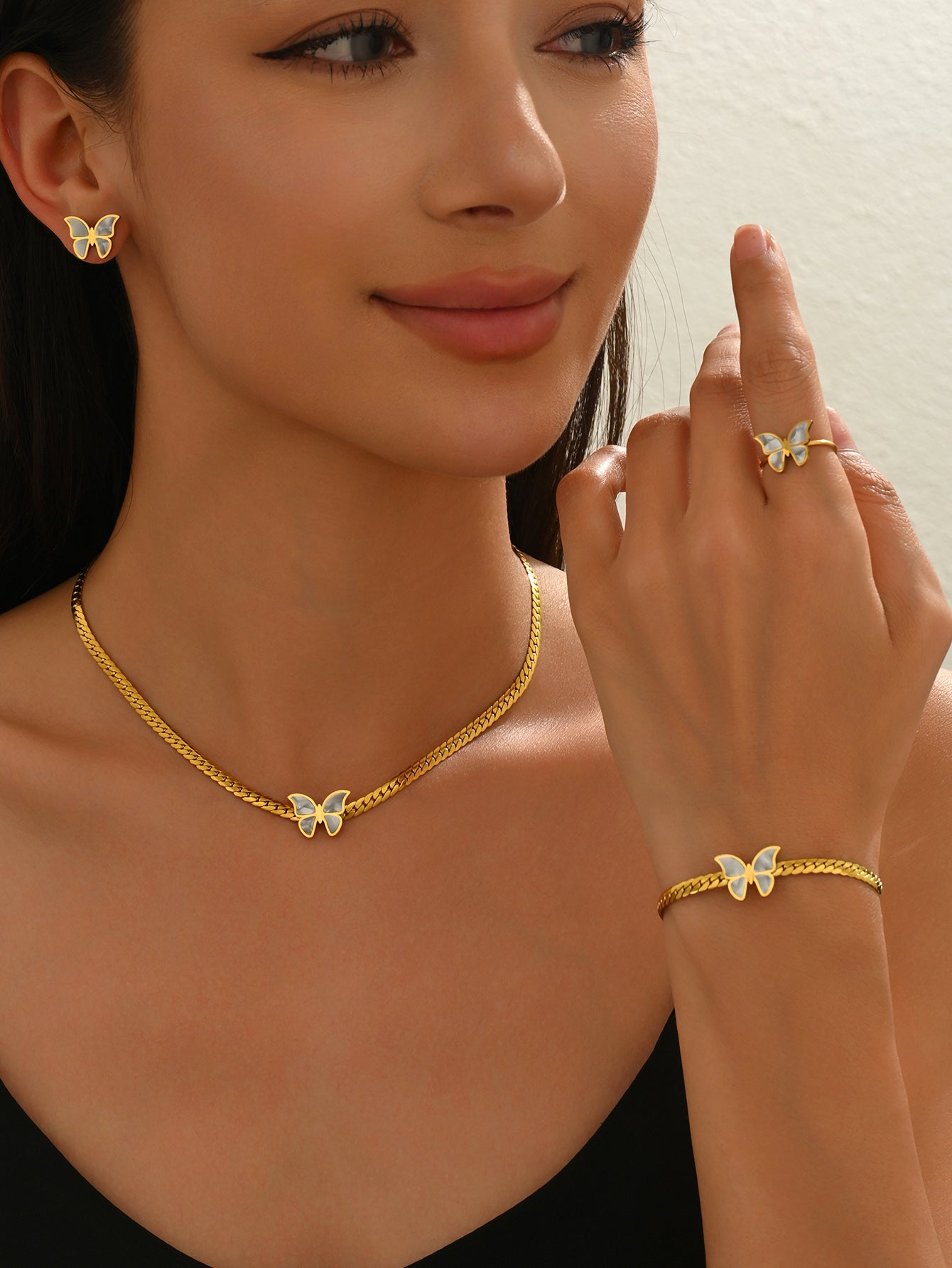 Lxalry 18K Gold Plated Butterfly Jewelry Set with Mirror Polish, Hypoallergenic Skin-Safe 4PCS Necklace Earrings Bracelet Ring for Women, Never-Fade Luxury Gift for Her
