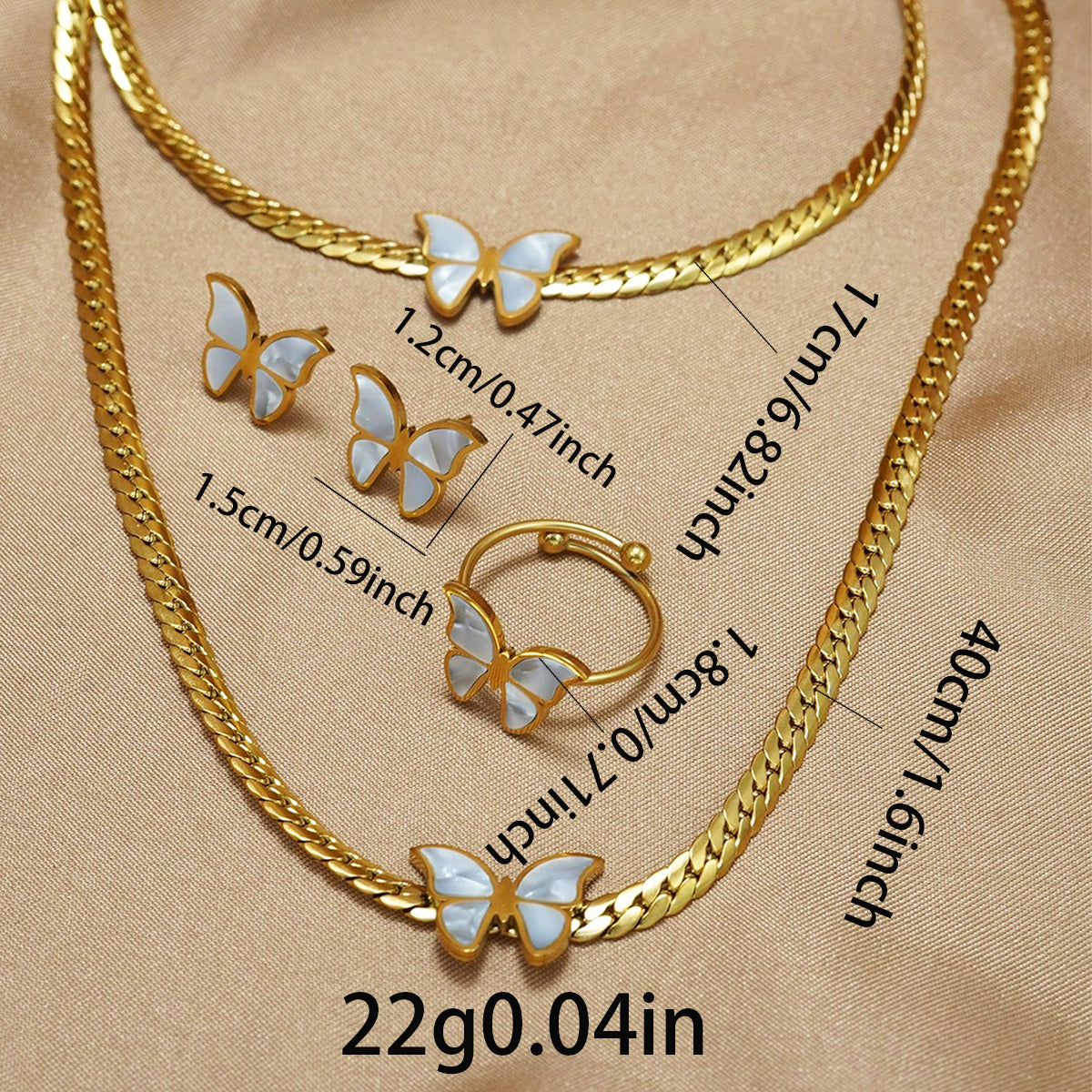 Lxalry 18K Gold Plated Butterfly Jewelry Set with Mirror Polish, Hypoallergenic Skin-Safe 4PCS Necklace Earrings Bracelet Ring for Women, Never-Fade Luxury Gift for Her