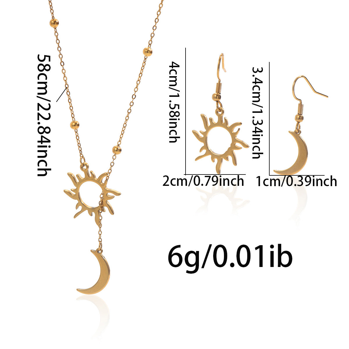 Lxalry 18K Gold Plated Sun & Moon Jewelry Set, Mirror Polish Hypoallergenic Necklace & Earrings for Daily/Evening, Never-Fade Luxury Gift with Celestial Symmetry