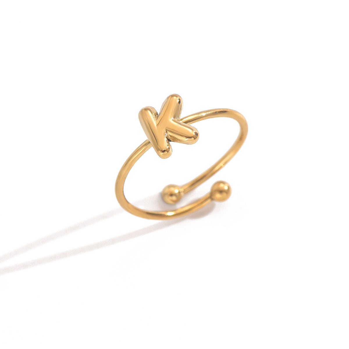 Lxalry 18K Gold Plated Stainless Steel Modern Alphabet Ring with Mirror Polish & Sphere Accents, Hypoallergenic Jewelry for Women, Skin-Safe Never-Fade Luxury Gift  (Full A-Z Letters)