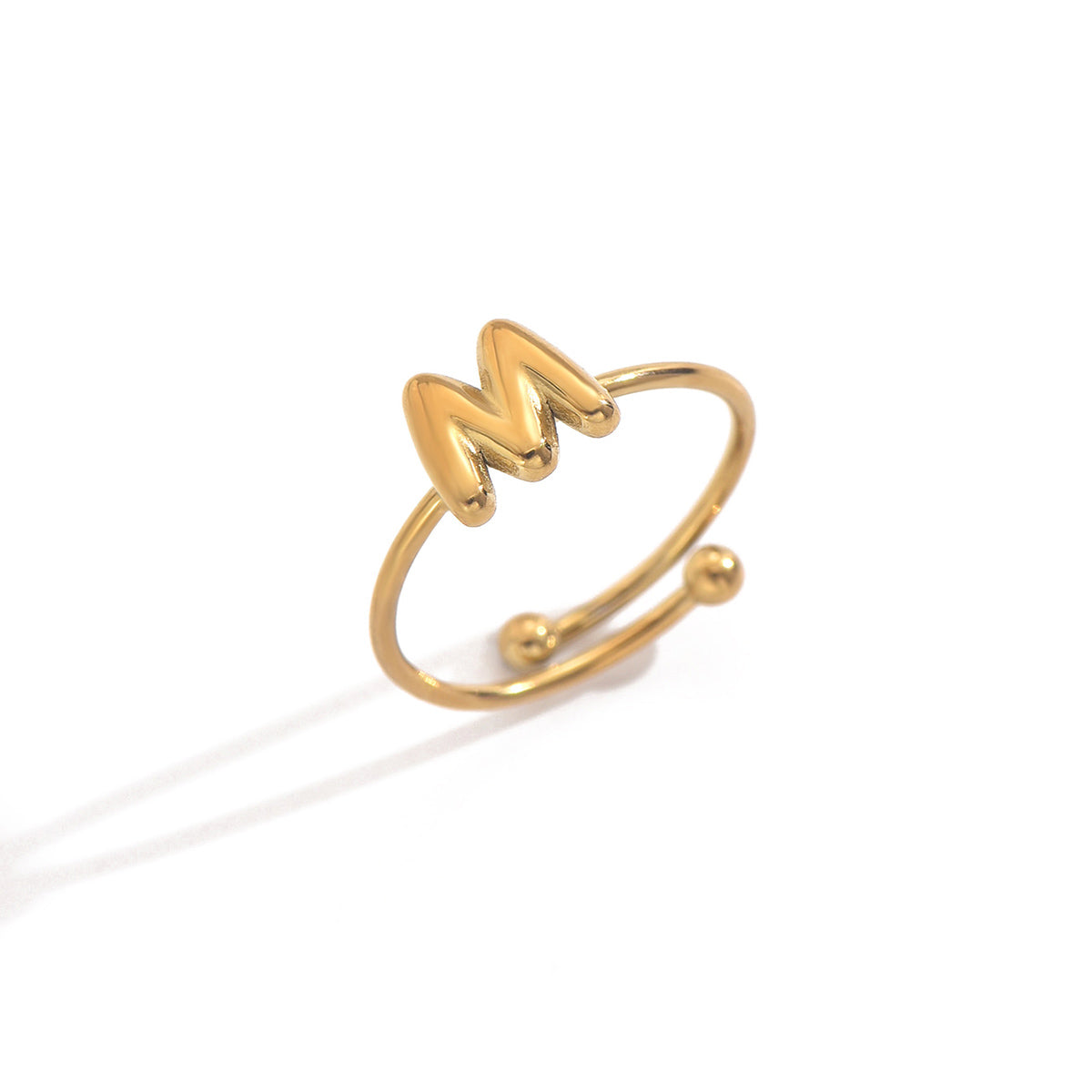 Lxalry 18K Gold Plated Stainless Steel Modern Alphabet Ring with Mirror Polish & Sphere Accents, Hypoallergenic Jewelry for Women, Skin-Safe Never-Fade Luxury Gift  (Full A-Z Letters)