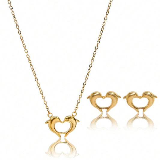 Lxalry 18K Gold Plated Heart Dolphins Mirror Jewelry Set, Hypoallergenic Skin-Safe Necklace & Stud Earrings for Couple's Gift/Daily Wear, Never-Fade Adjustable Luxury with Precision-Cast Symmetry