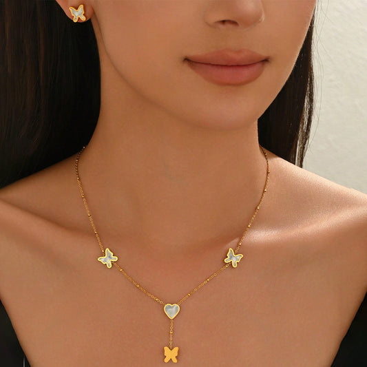 Lxalry 18K Gold Plated Stainless Steel Butterfly Jewelry Set, Hypoallergenic Tarnish-Free Mirror Necklace & Earrings, Symmetrical Wing Design with Heart Clasp, Skin-Safe Luxury Gift for Her, Golden Hour Glow, Daily & Party Accessories
