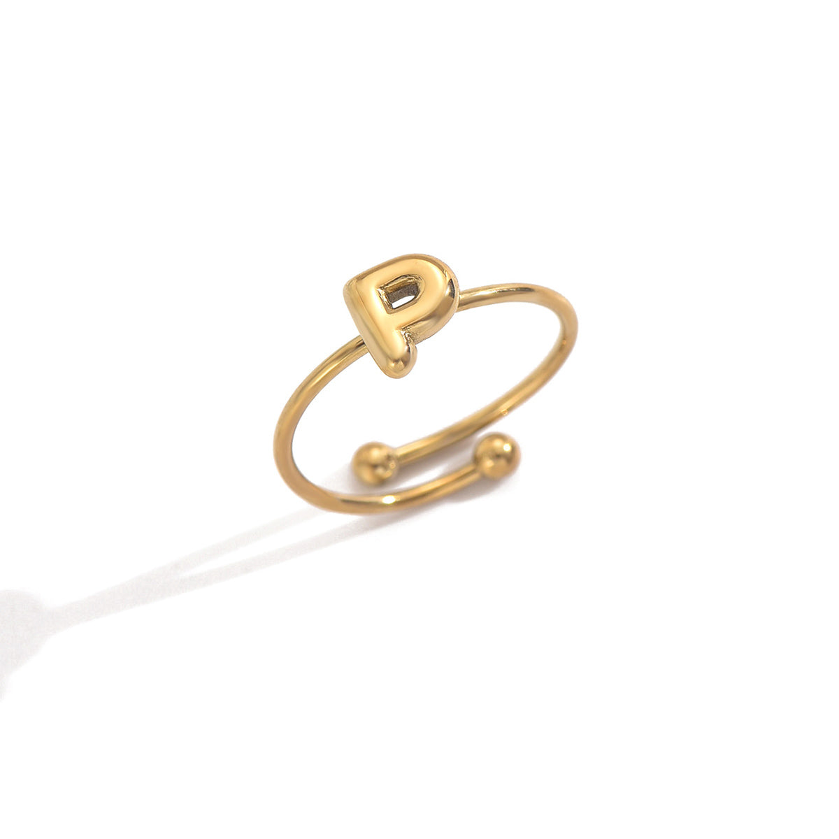 Lxalry 18K Gold Plated Stainless Steel Modern Alphabet Ring with Mirror Polish & Sphere Accents, Hypoallergenic Jewelry for Women, Skin-Safe Never-Fade Luxury Gift  (Full A-Z Letters)