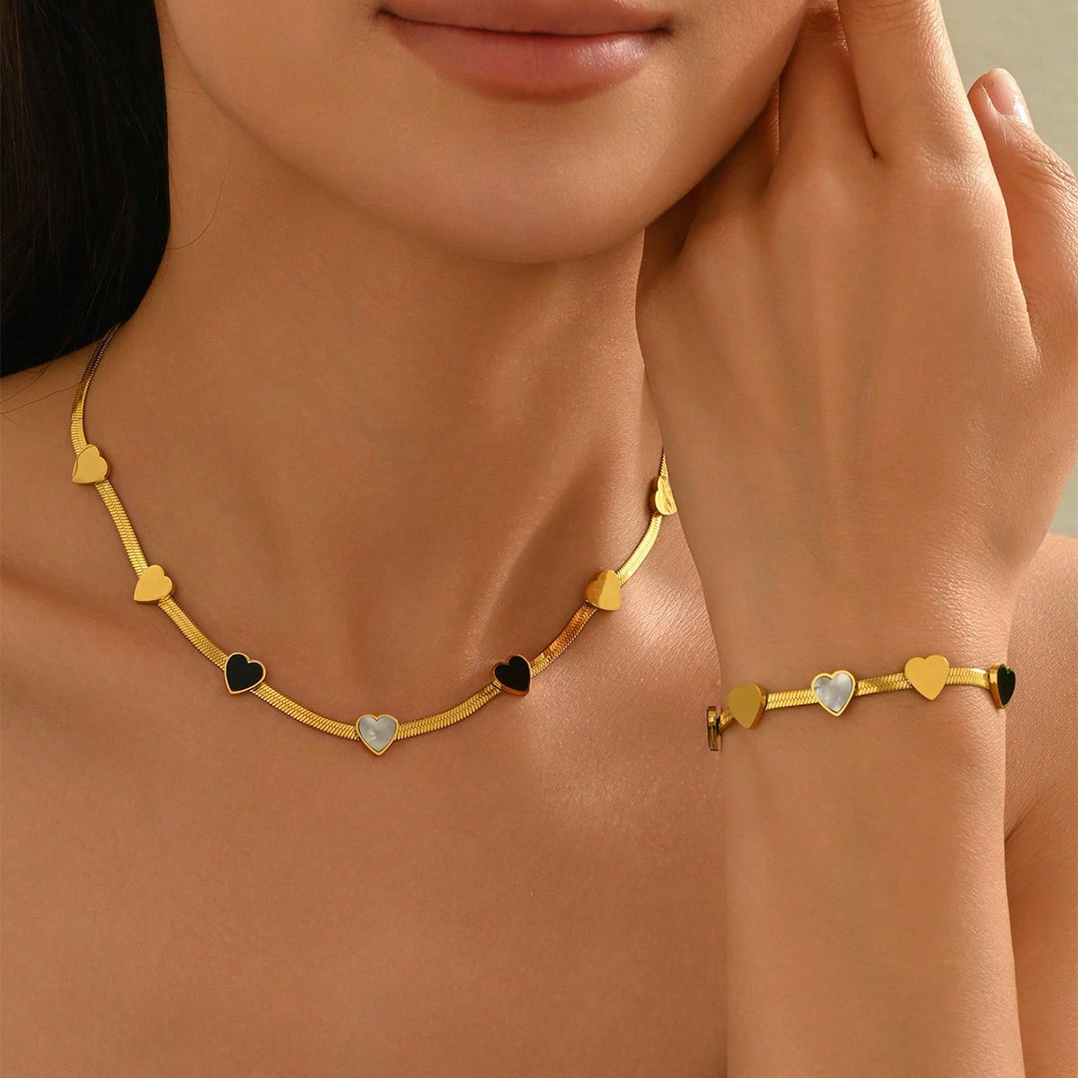 Lxalry 18K Gold Plated Heart Mirror Jewelry Set, Hypoallergenic Skin-Safe Necklace & Bracelet for Daily/Gifting, Never-Fade Adjustable Luxury with Precision Inlay Craftsmanship