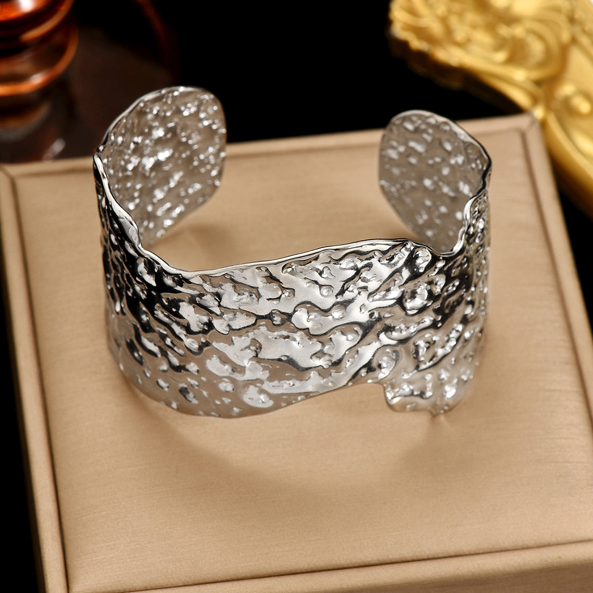 Lxalry 18K Gold Plated Stainless Steel Artisan Hammered Wide Bracelet, Hypoallergic Skin-Safe Jewelry with Mirror Edges, Never-Fade Handmade Luxury Gift for Women