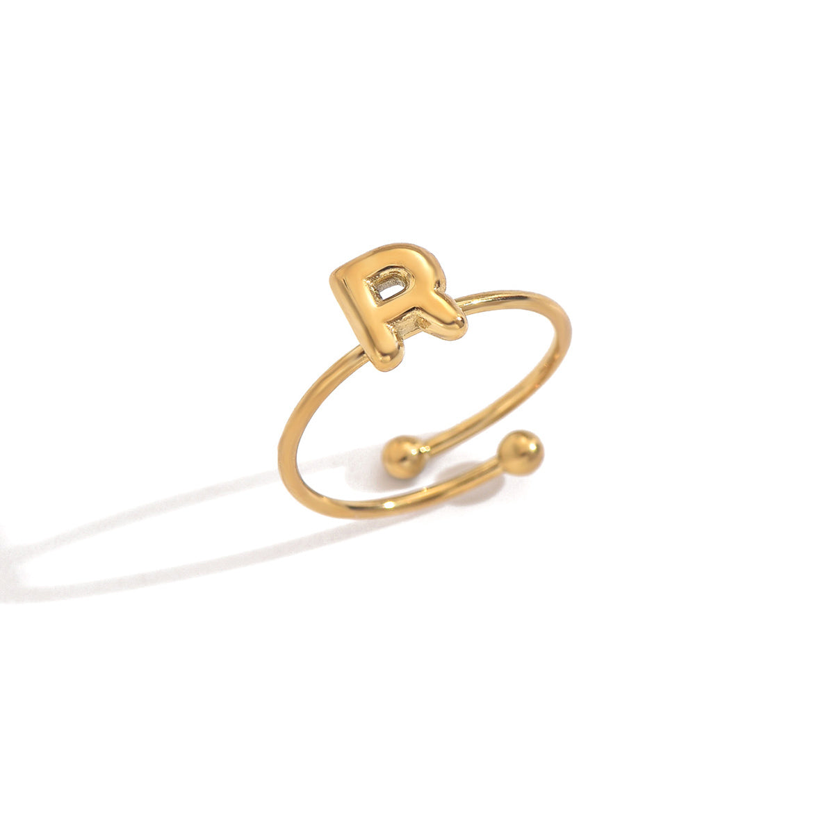 Lxalry 18K Gold Plated Stainless Steel Modern Alphabet Ring with Mirror Polish & Sphere Accents, Hypoallergenic Jewelry for Women, Skin-Safe Never-Fade Luxury Gift  (Full A-Z Letters)