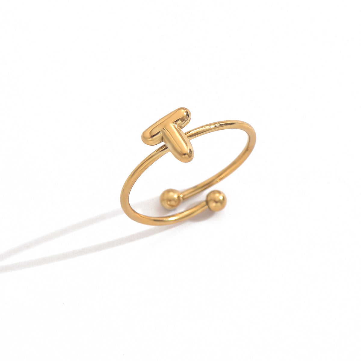 Lxalry 18K Gold Plated Stainless Steel Modern Alphabet Ring with Mirror Polish & Sphere Accents, Hypoallergenic Jewelry for Women, Skin-Safe Never-Fade Luxury Gift  (Full A-Z Letters)