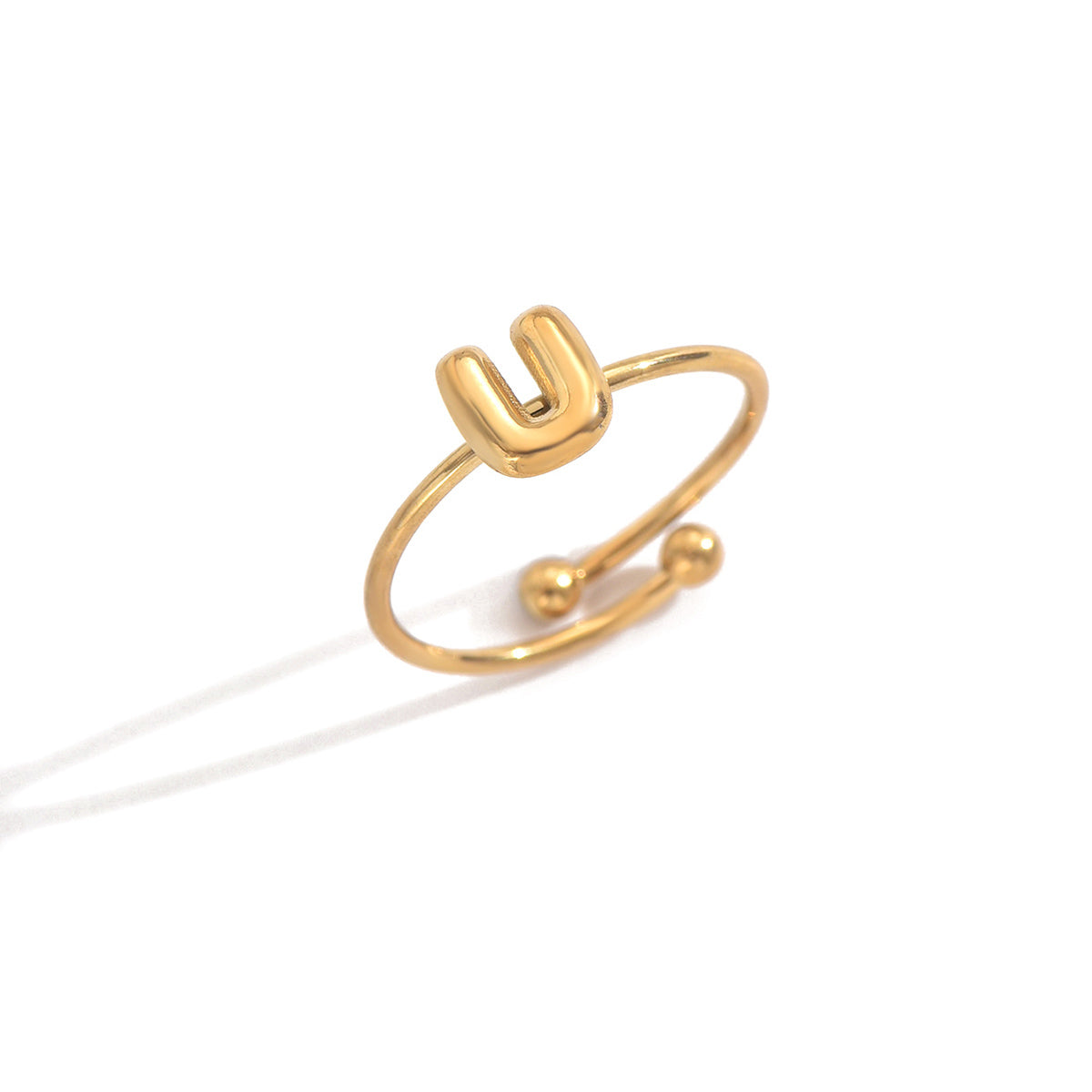 Lxalry 18K Gold Plated Stainless Steel Modern Alphabet Ring with Mirror Polish & Sphere Accents, Hypoallergenic Jewelry for Women, Skin-Safe Never-Fade Luxury Gift  (Full A-Z Letters)