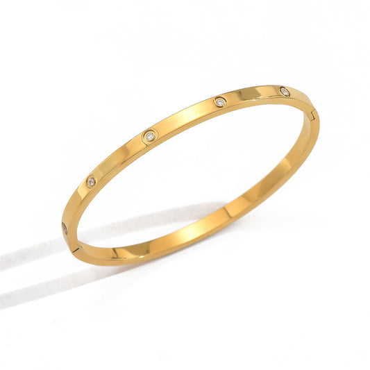 Lxalry 18K Gold Plated Stainless Steel Minimalist Bracelet, Hypoallergenic Circle Rhinestone Jewelry, Secure Inlay Tarnish-Free Design, Skin-Safe Luxury Gift for Her, Golden Hour Glow, Everyday Wear Accessories