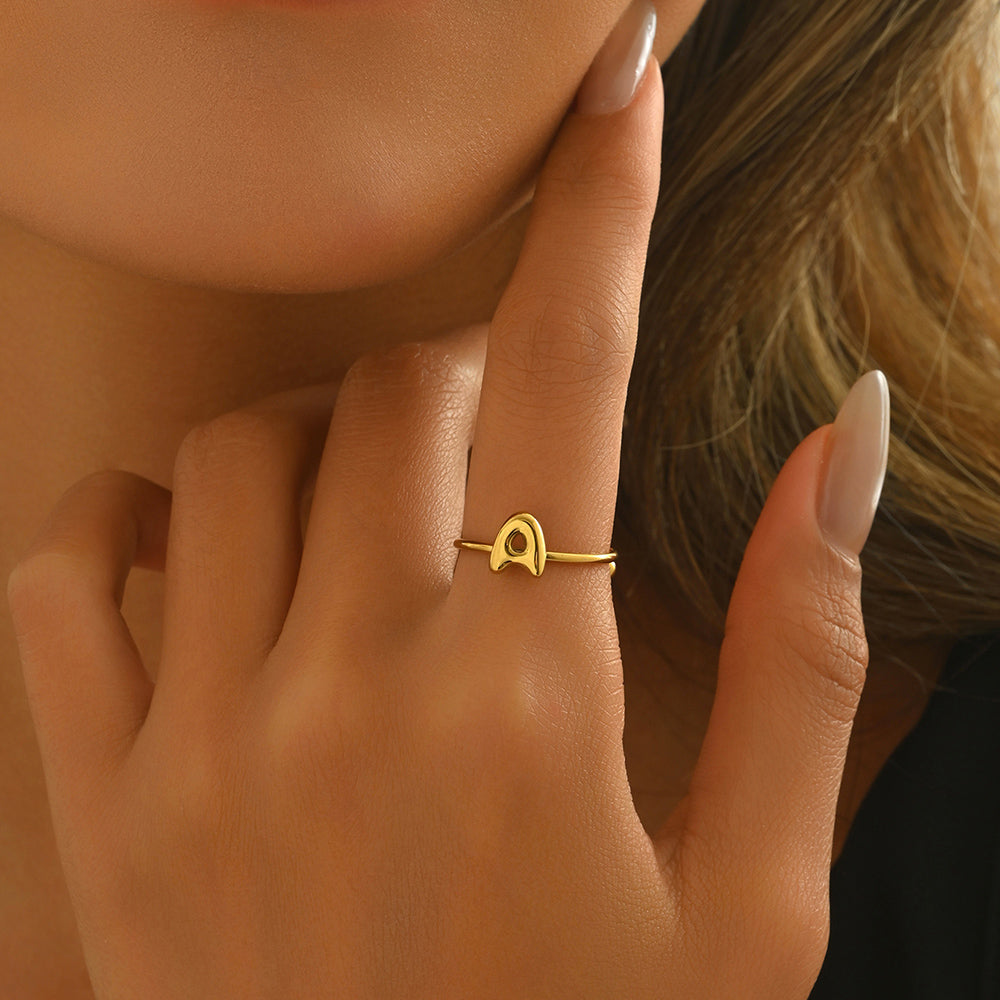 Lxalry 18K Gold Plated Stainless Steel Modern Alphabet Ring with Mirror Polish & Sphere Accents, Hypoallergenic Jewelry for Women, Skin-Safe Never-Fade Luxury Gift  (Full A-Z Letters)