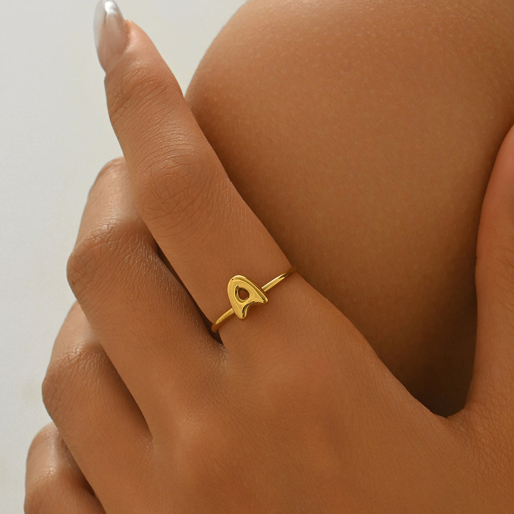 Lxalry 18K Gold Plated Stainless Steel Modern Alphabet Ring with Mirror Polish & Sphere Accents, Hypoallergenic Jewelry for Women, Skin-Safe Never-Fade Luxury Gift  (Full A-Z Letters)