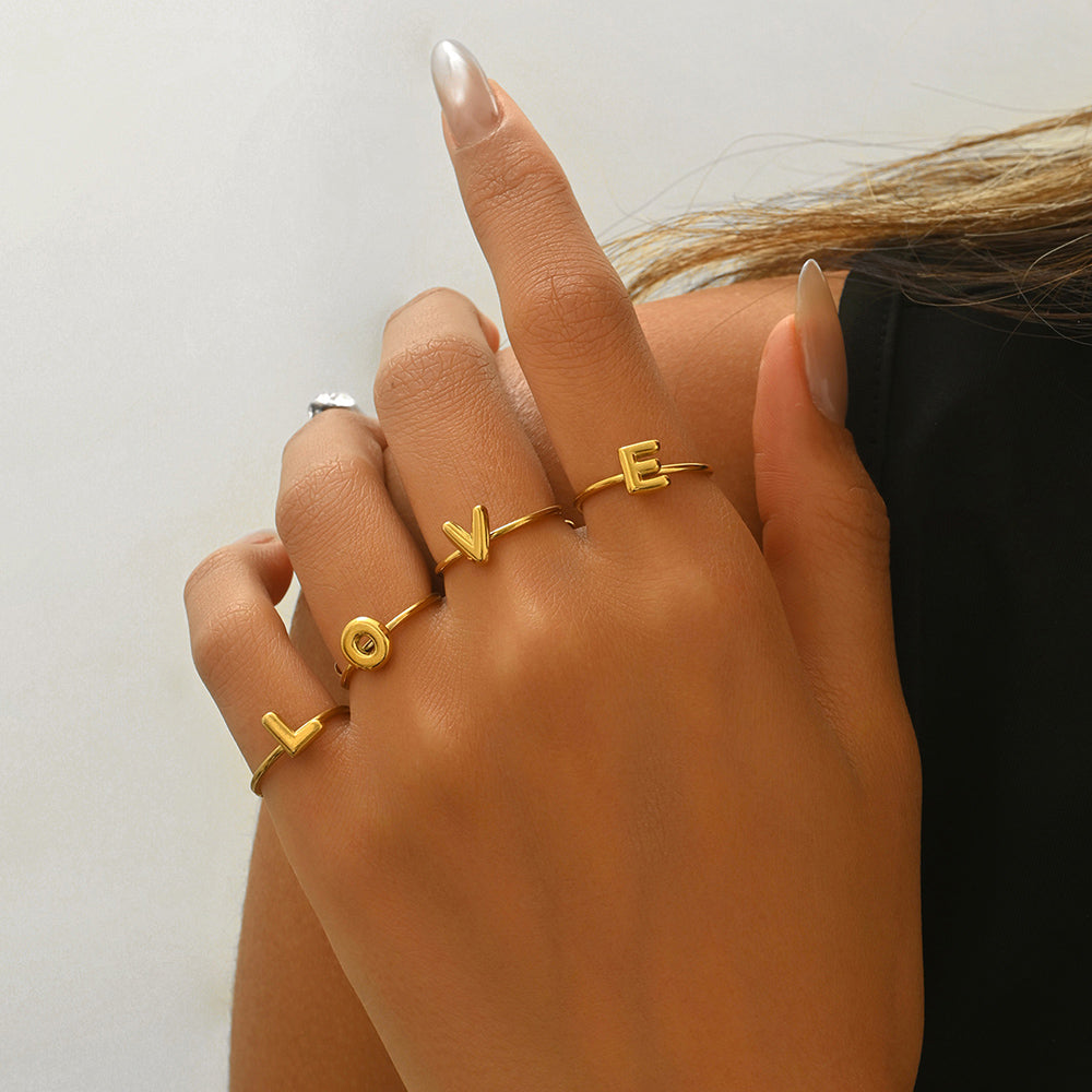Lxalry 18K Gold Plated Stainless Steel Modern Alphabet Ring with Mirror Polish & Sphere Accents, Hypoallergenic Jewelry for Women, Skin-Safe Never-Fade Luxury Gift  (Full A-Z Letters)