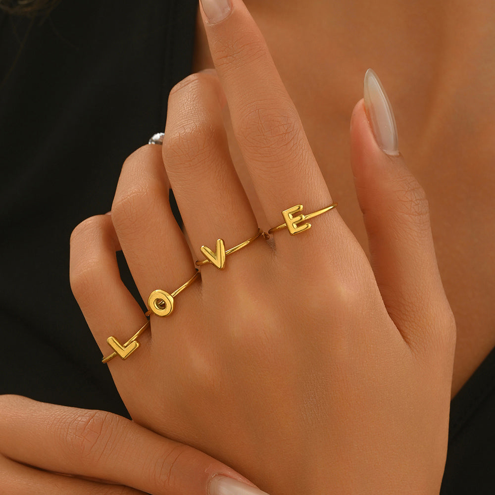 Lxalry 18K Gold Plated Stainless Steel Modern Alphabet Ring with Mirror Polish & Sphere Accents, Hypoallergenic Jewelry for Women, Skin-Safe Never-Fade Luxury Gift  (Full A-Z Letters)