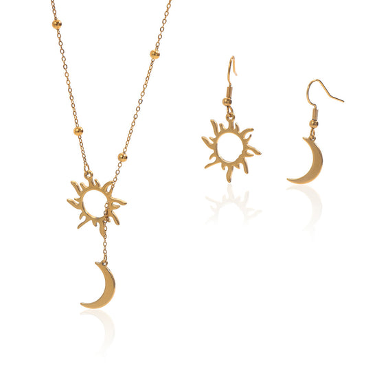 Lxalry 18K Gold Plated Sun & Moon Jewelry Set, Mirror Polish Hypoallergenic Necklace & Earrings for Daily/Evening, Never-Fade Luxury Gift with Celestial Symmetry