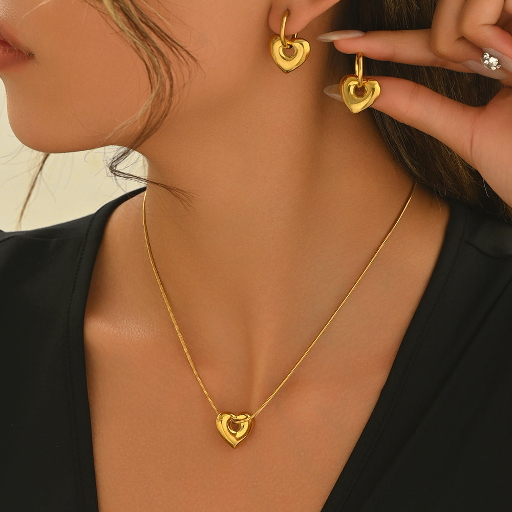 Lxalry 18K Gold Plated Hollow Heart Jewelry Set, Mirror Polish Hypoallergenic Necklace & Earrings for Women, Never-Fade Handmade Luxury Gift with Adjustable Chain