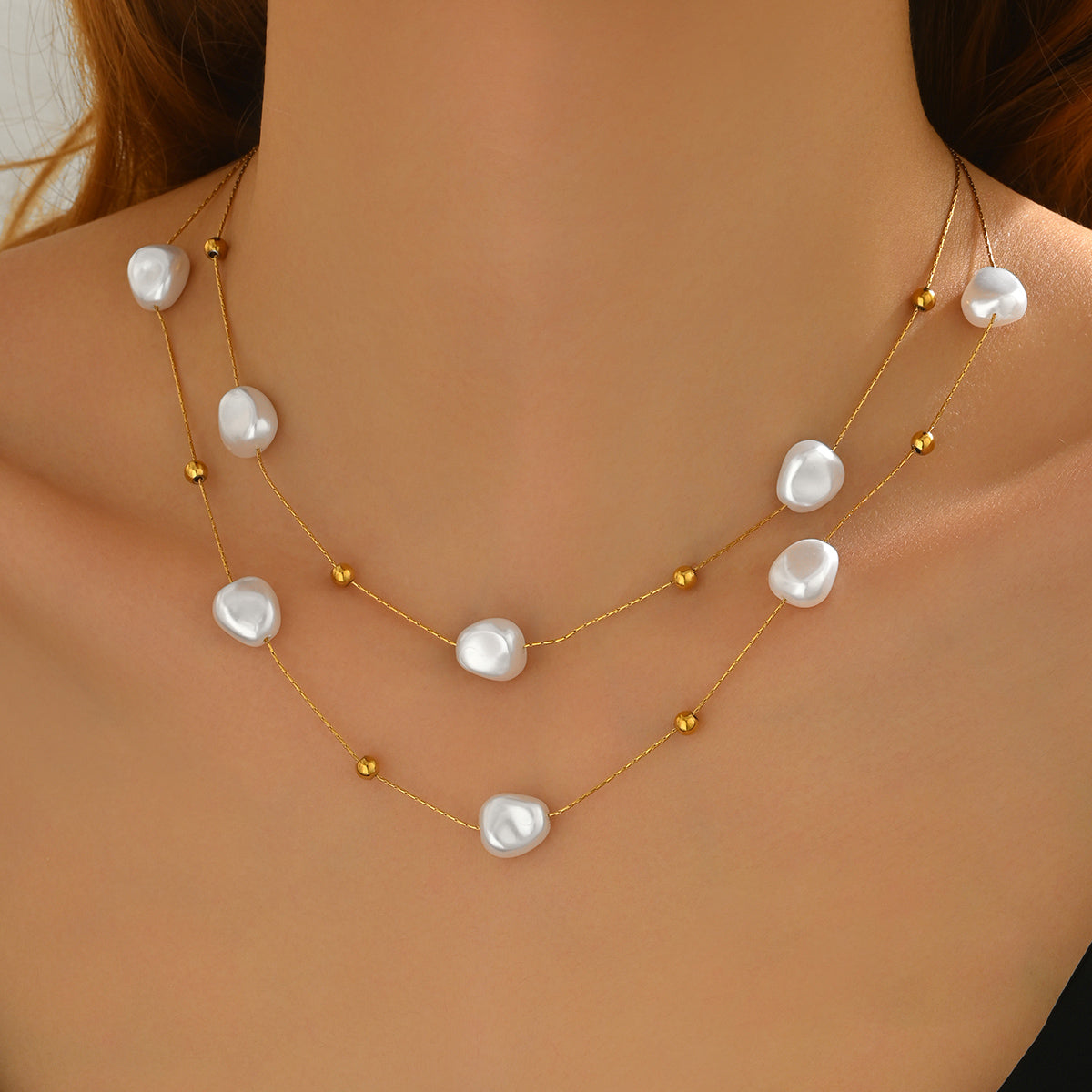 Lxalry 18K Gold-Plated Pearl-Studded Necklace - Stainless Steel Minimalist Jewelry for Women, Lightweight Hypoallergenic Gift for Wife/Mom, Skin-Safe Luxury for Daily & Evening Glam