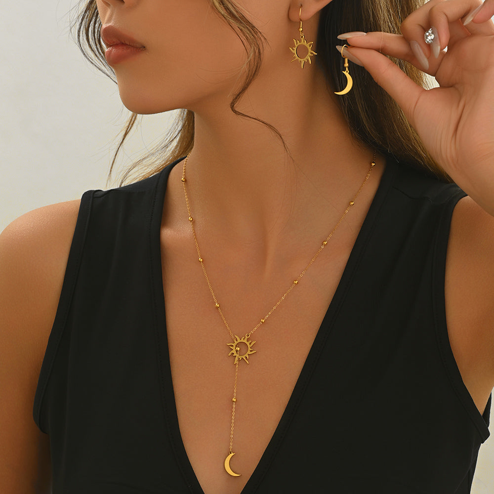Lxalry 18K Gold Plated Sun & Moon Jewelry Set, Mirror Polish Hypoallergenic Necklace & Earrings for Daily/Evening, Never-Fade Luxury Gift with Celestial Symmetry