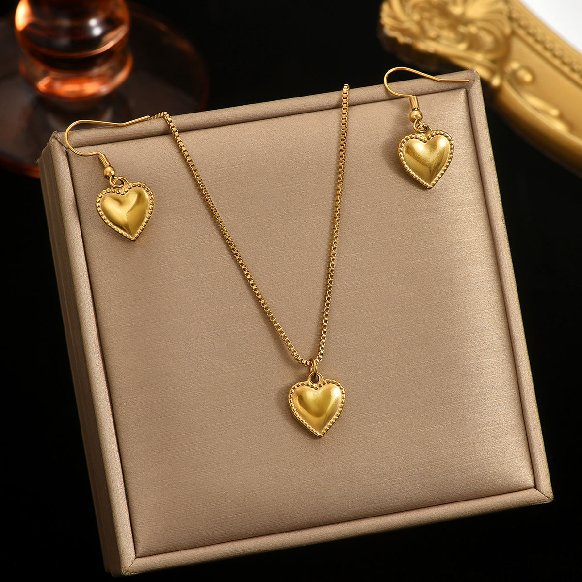 Lxalry 18K Gold Plated Symmetrical Heart Jewelry Set, Mirror Polish Hypoallergenic Necklace & Earrings for Women, Never-Fade Luxury Gift with Precision-Cast Edges