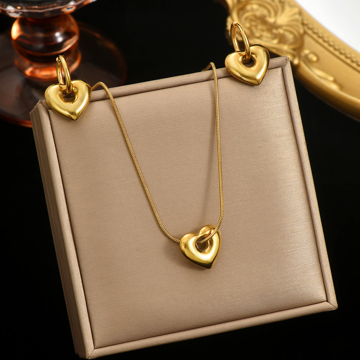 Lxalry 18K Gold Plated Hollow Heart Jewelry Set, Mirror Polish Hypoallergenic Necklace & Earrings for Women, Never-Fade Handmade Luxury Gift with Adjustable Chain