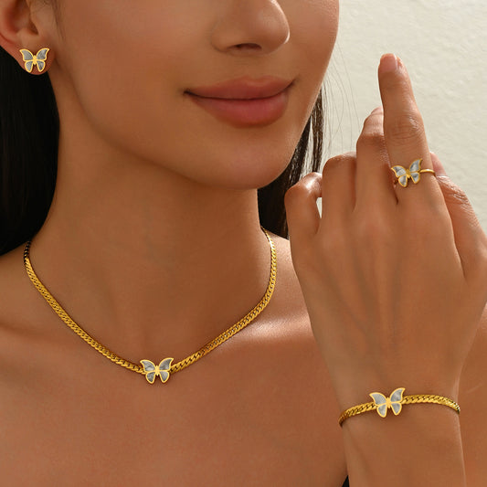 Lxalry 18K Gold Plated Butterfly Jewelry Set with Mirror Polish, Hypoallergenic Skin-Safe 4PCS Necklace Earrings Bracelet Ring for Women, Never-Fade Luxury Gift for Her