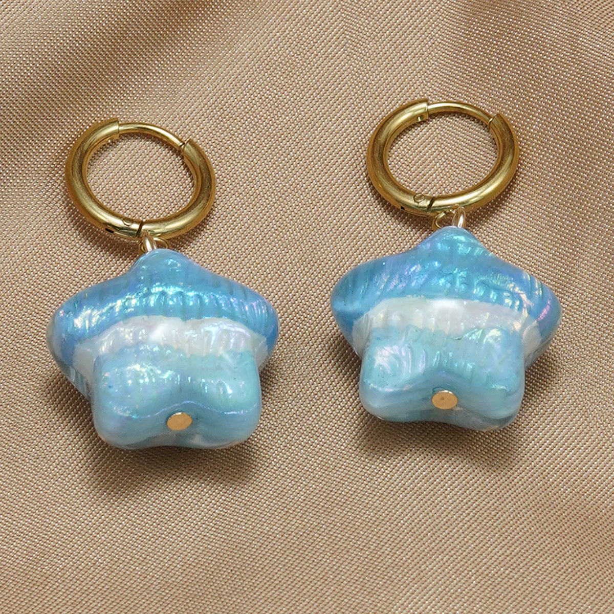 Lxalry 316L Stainless Steel 18K Gold-Plated Jewelry Set, Iridescent Blue-White Gradient 3D Glass Star Pendant, Hypoallergenic Tarnish-Free Earrings & Necklace, Beach Party & Daily Wear, Ocean-Inspired Luxury Gift for Women