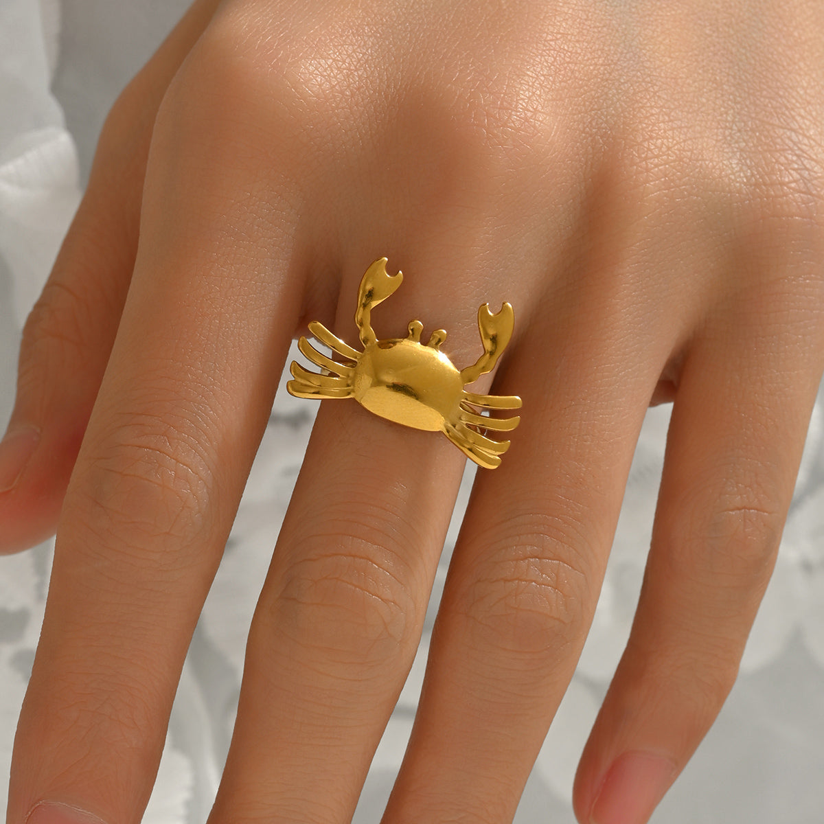 Lxalry 18K Gold Plated Stainless Steel Crab Design Mirror Polish Ring, Hypoallergenic Skin-Safe Jewelry with Sphere Accents, Handmade Luxury Gift & Decorative Sculpture for Bold Fashion