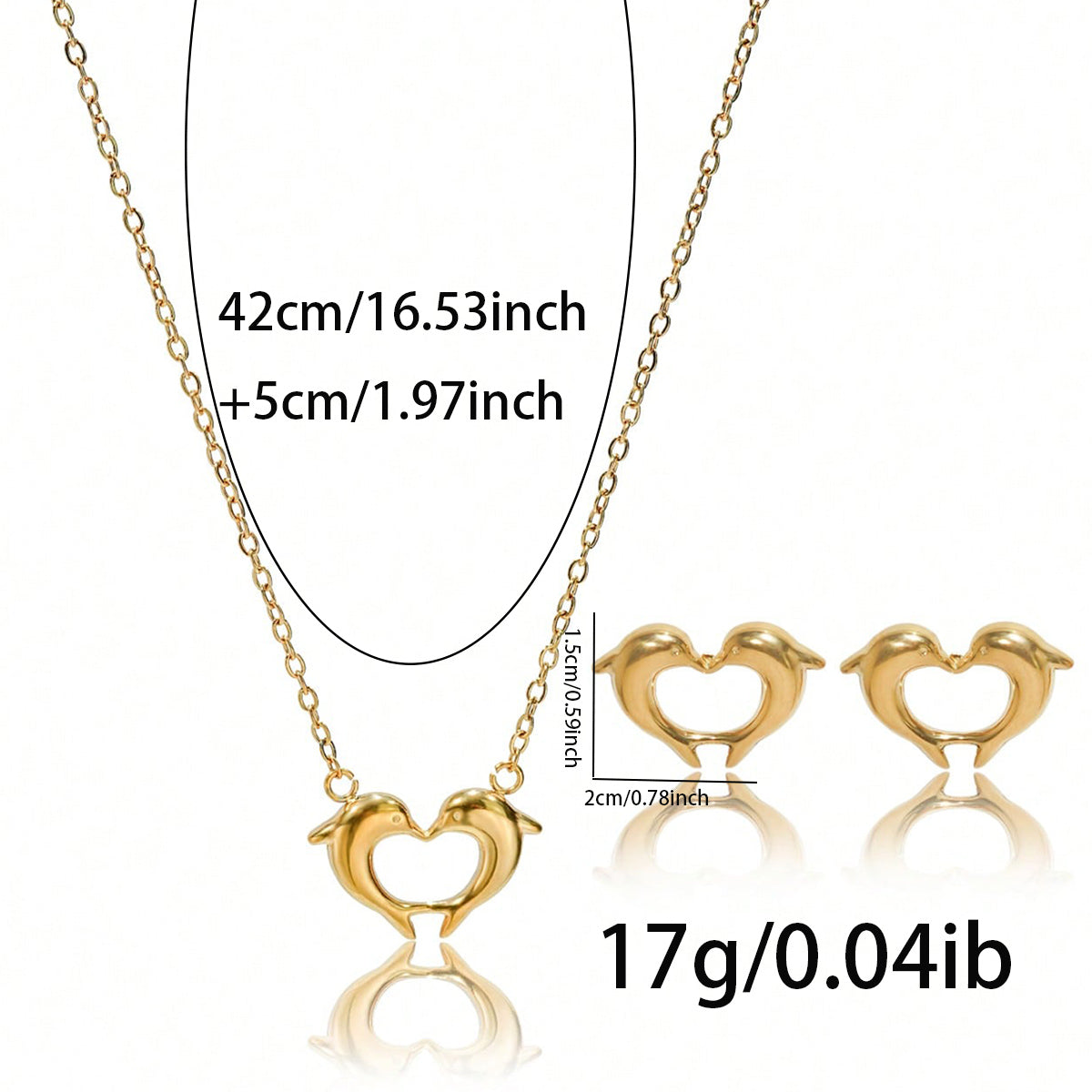 Lxalry 18K Gold Plated Heart Dolphins Mirror Jewelry Set, Hypoallergenic Skin-Safe Necklace & Stud Earrings for Couple's Gift/Daily Wear, Never-Fade Adjustable Luxury with Precision-Cast Symmetry