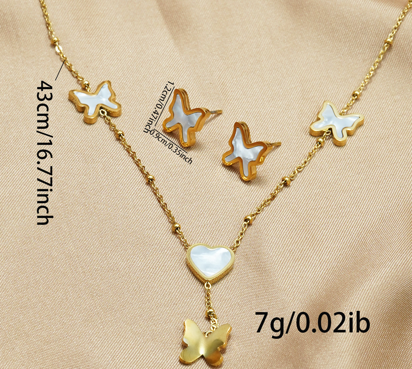 Lxalry 18K Gold Plated Stainless Steel Butterfly Jewelry Set, Hypoallergenic Tarnish-Free Mirror Necklace & Earrings, Symmetrical Wing Design with Heart Clasp, Skin-Safe Luxury Gift for Her, Golden Hour Glow, Daily & Party Accessories